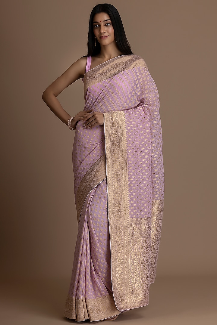 Baby Pink Khadi Georgette Banarasi Saree Set by Albis Jaipur