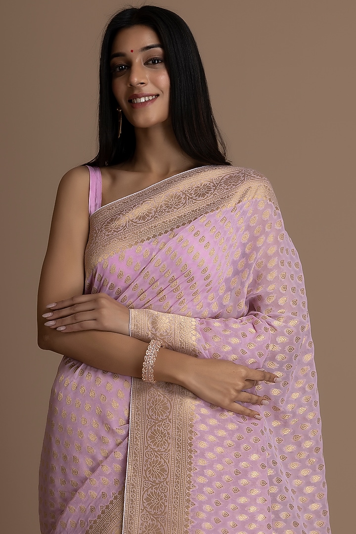 Baby Pink Khadi Georgette Banarasi Party Wear Saree Set by Albis Jaipur at Pernia's Pop Up Shop