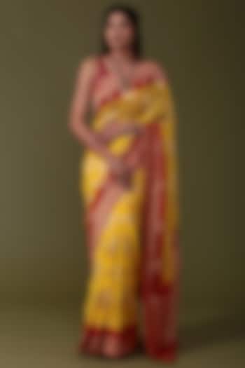 Red & Yellow Khadi Georgette Handwoven Saree Set by Albis Jaipur