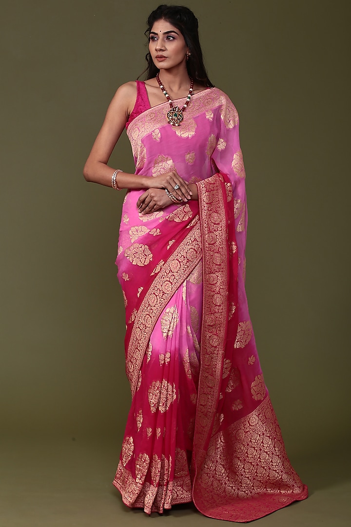 Pink Khadi Georgette Banarasi Saree Set by Albis Jaipur