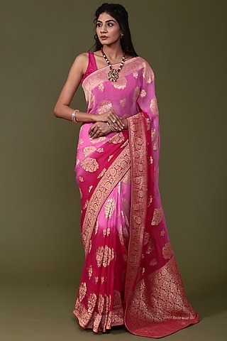 Pink Khadi Georgette Banarasi Saree Set by Albis Jaipur