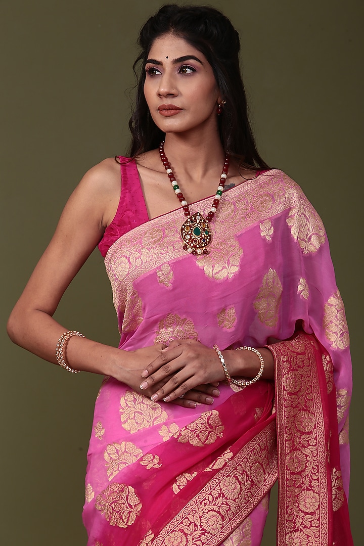 Pink Khadi Georgette Banarasi Party Wear Saree Set by Albis Jaipur at Pernia's Pop Up Shop