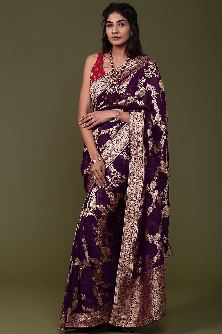 Dark Purple Khadi Georgette Banarasi Handwoven Saree Set by Albis Jaipur