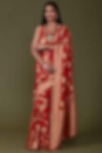 Red Khadi Georgette Banarasi Handwoven Saree Set by Albis Jaipur