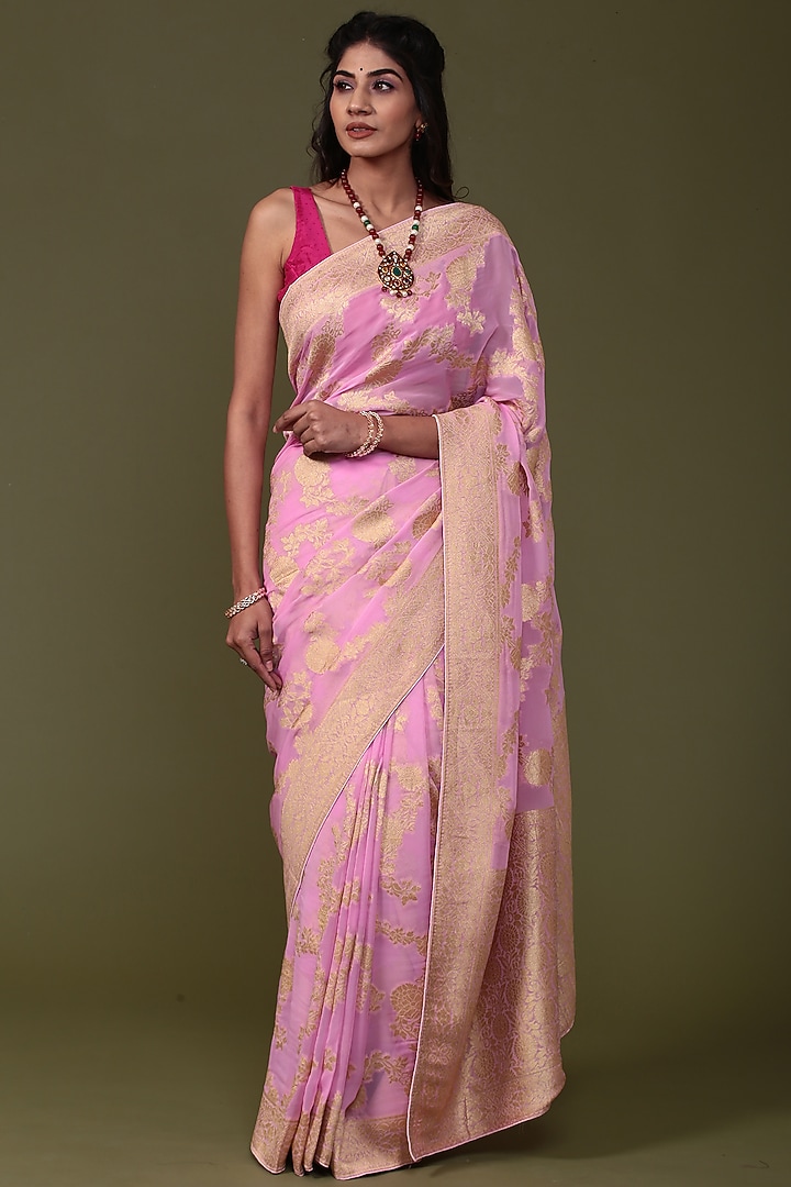 Baby Pink Khadi Georgette Banarasi Handwoven Party Wear Saree Set by Albis Jaipur at Pernia's Pop Up Shop