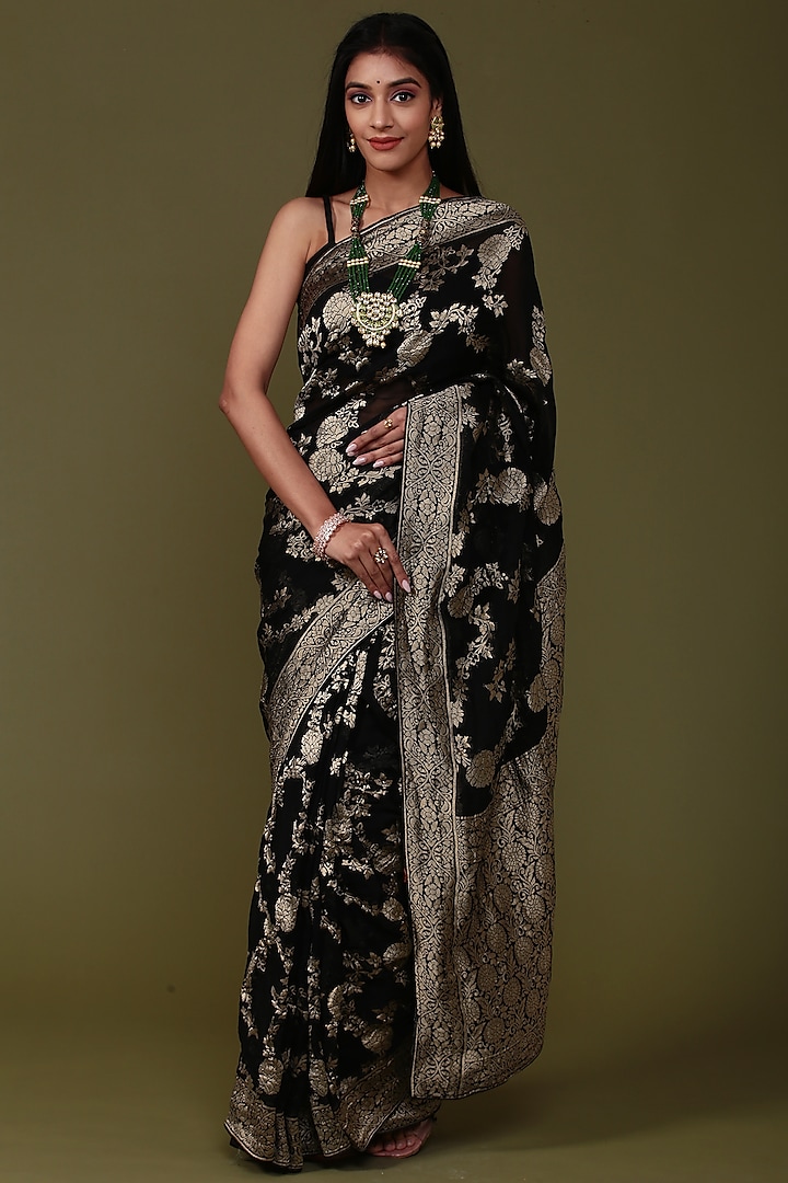 Black Khadi Georgette Banarasi Handwoven Saree Set by Albis Jaipur