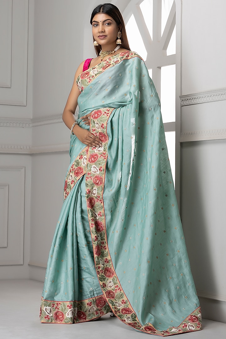 Dusty Blue Dola Silk Embroidered Saree Set by Albis Jaipur