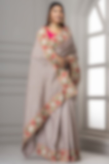 Lilac Grey Dola Silk Embroidered Saree Set by Albis Jaipur