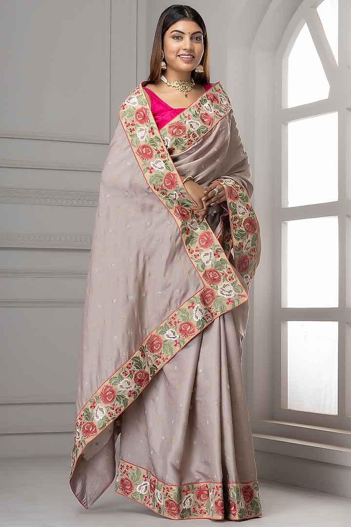 Lilac Grey Dola Silk Embroidered Party Wear Saree Set by Albis Jaipur at Pernia's Pop Up Shop
