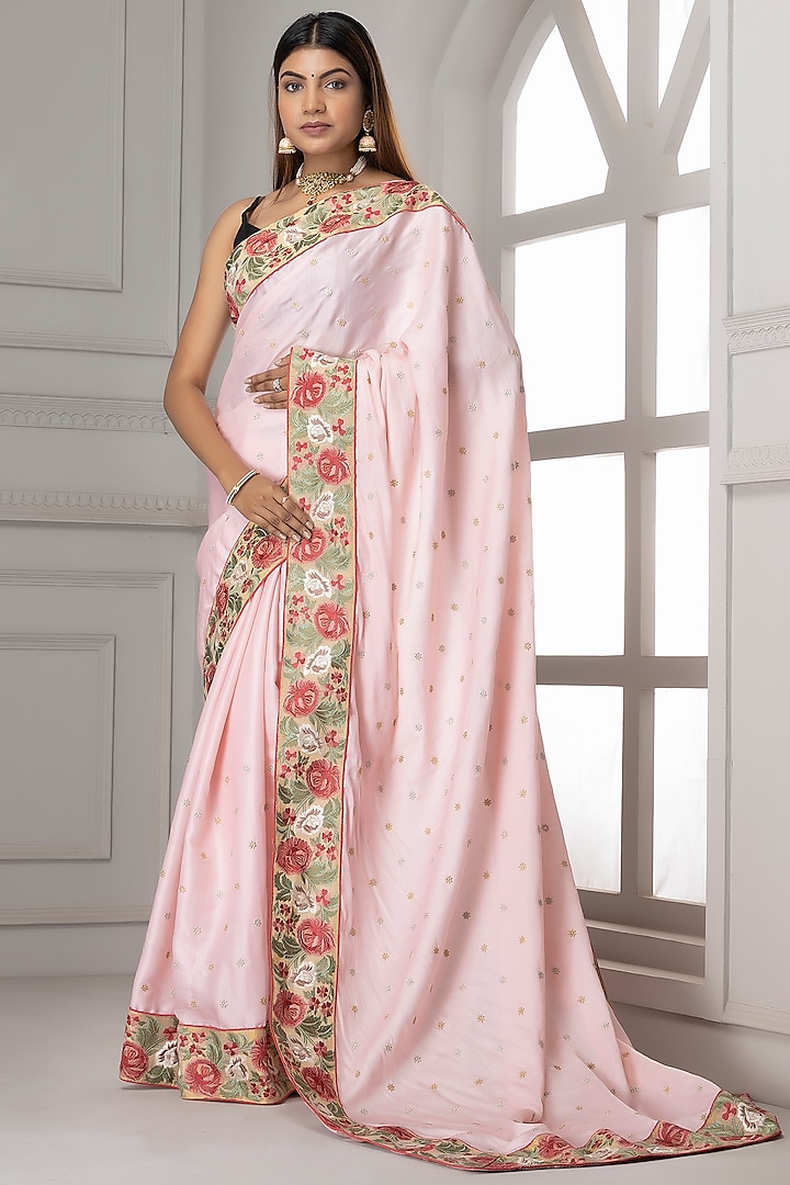 Light Pink Dola Silk Embroidered Saree Set by Albis Jaipur
