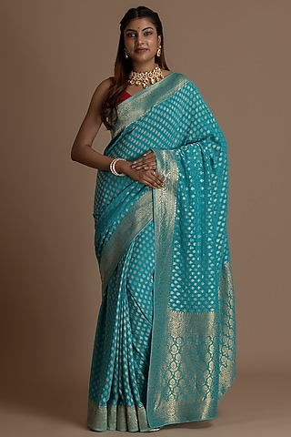 Sky Blue Khadi Georgette Banarasi Saree Set by Albis Jaipur