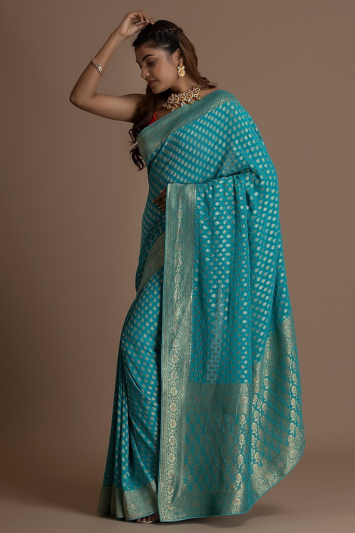 Sky Blue Khadi Georgette Banarasi Festive Saree Set by Albis Jaipur at Pernia's Pop Up Shop