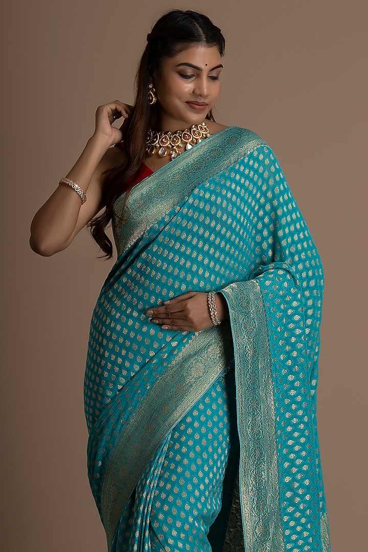 Sky Blue Khadi Georgette Banarasi Festive Saree Set by Albis Jaipur at Pernia's Pop Up Shop