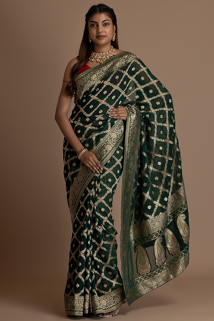 Forest Green Khadi Georgette Banarasi Festive Saree Set by Albis Jaipur at Pernia's Pop Up Shop