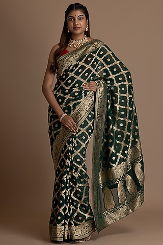 Forest Green Khadi Georgette Banarasi Saree Set by Albis Jaipur