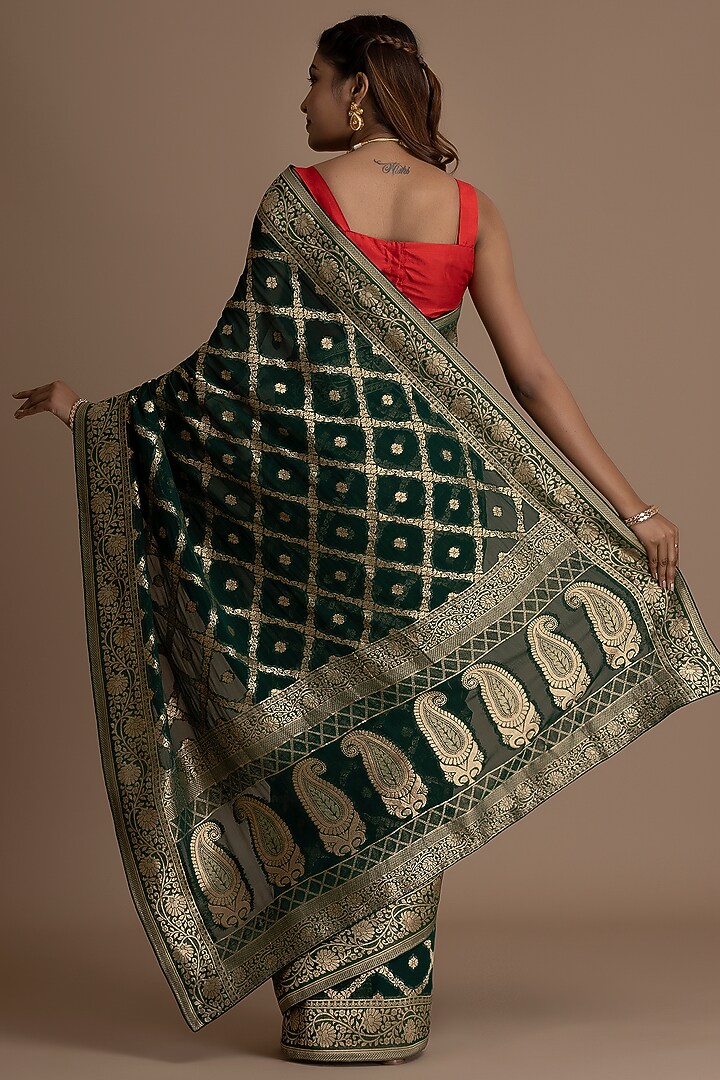 Forest Green Khadi Georgette Banarasi Festive Saree Set by Albis Jaipur at Pernia's Pop Up Shop