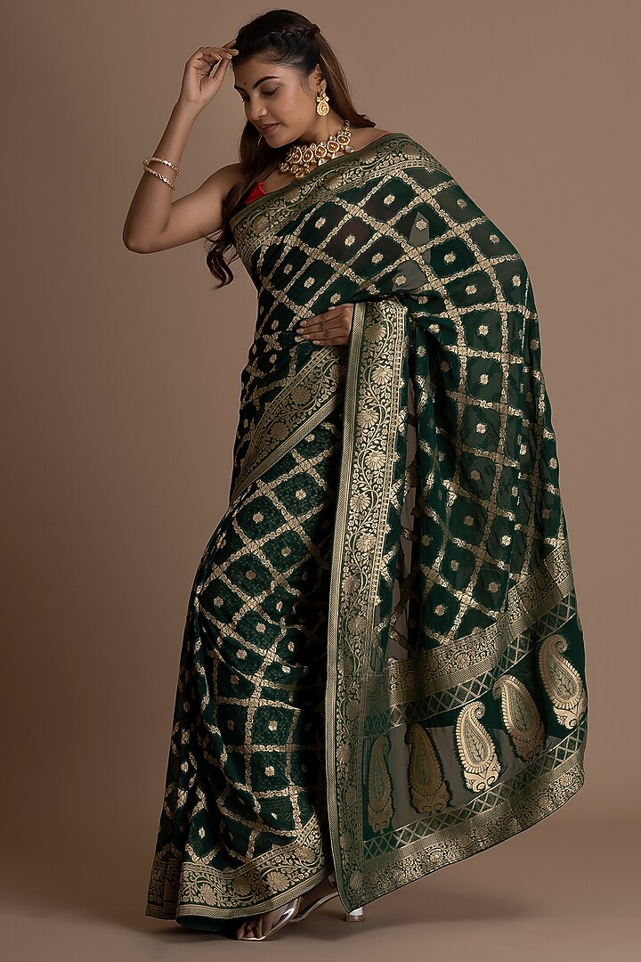Forest Green Khadi Georgette Banarasi Festive Saree Set by Albis Jaipur at Pernia's Pop Up Shop