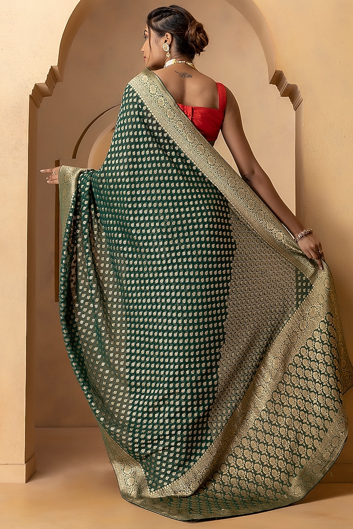Dark Green Khadi Georgette Banarasi Festive Saree Set by Albis Jaipur at Pernia's Pop Up Shop