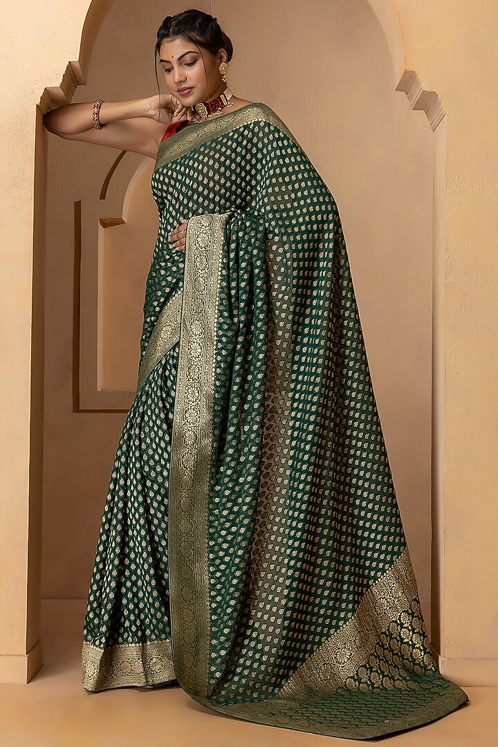 Dark Green Khadi Georgette Banarasi Festive Saree Set by Albis Jaipur at Pernia's Pop Up Shop