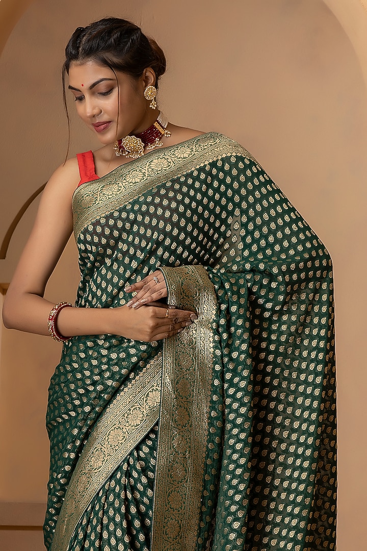 Dark Green Khadi Georgette Banarasi Festive Saree Set by Albis Jaipur at Pernia's Pop Up Shop