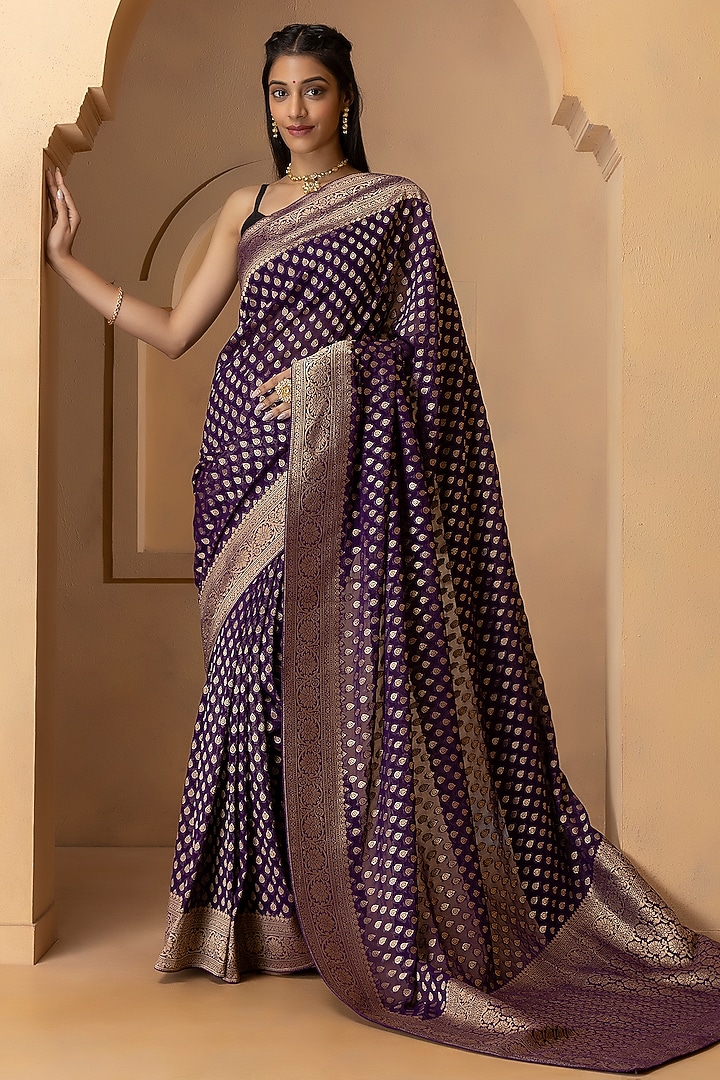 Purple Khadi Georgette Banarasi Festive Saree Set by Albis Jaipur at Pernia's Pop Up Shop