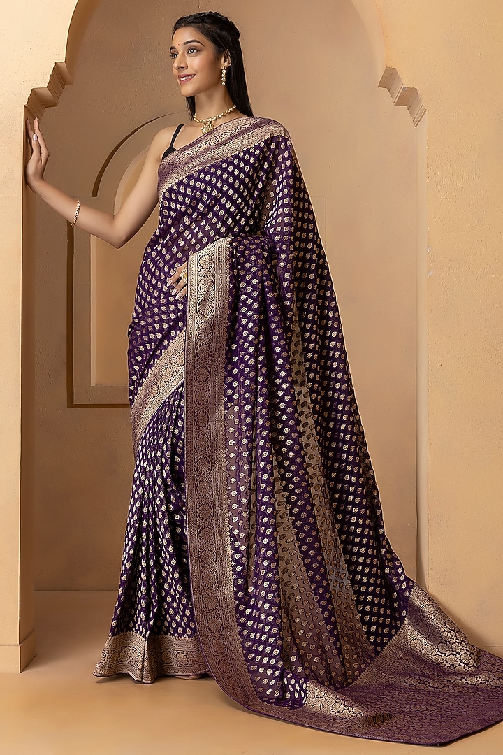Purple Khadi Georgette Banarasi Festive Saree Set by Albis Jaipur at Pernia's Pop Up Shop