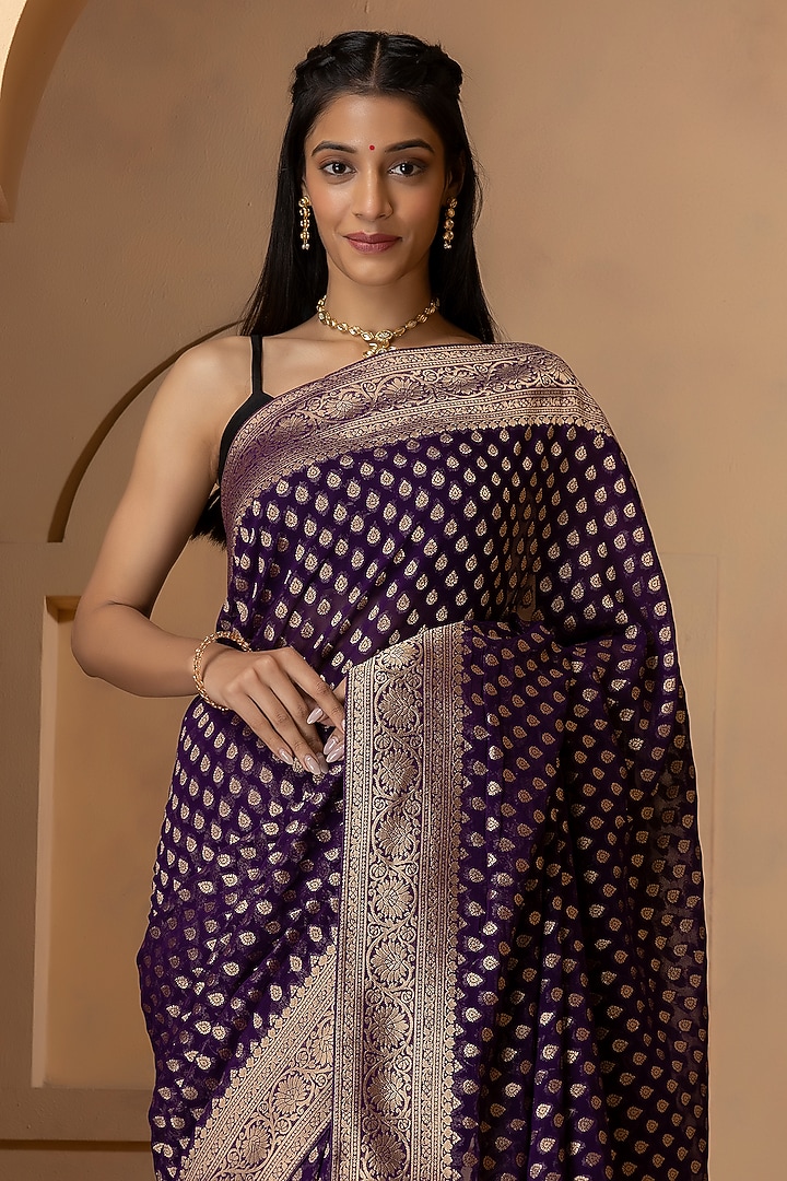 Purple Khadi Georgette Banarasi Festive Saree Set by Albis Jaipur at Pernia's Pop Up Shop