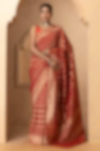 Deep Red Khadi Georgette Banarasi Festive Saree Set by Albis Jaipur at Pernia's Pop Up Shop