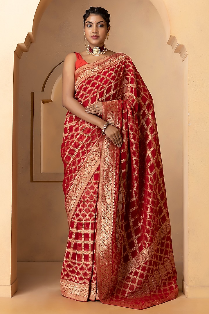 Deep Red Khadi Georgette Banarasi Festive Saree Set by Albis Jaipur at Pernia's Pop Up Shop