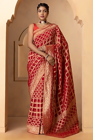 Deep Red Khadi Georgette Banarasi Saree Set by Albis Jaipur