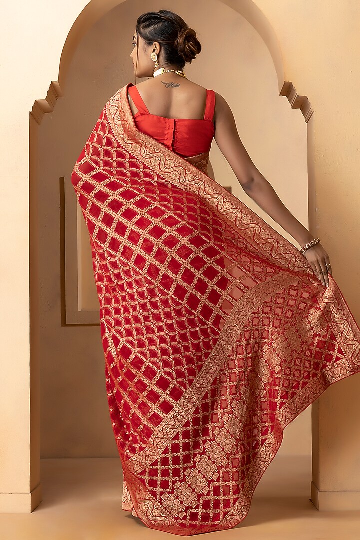Deep Red Khadi Georgette Banarasi Festive Saree Set by Albis Jaipur at Pernia's Pop Up Shop