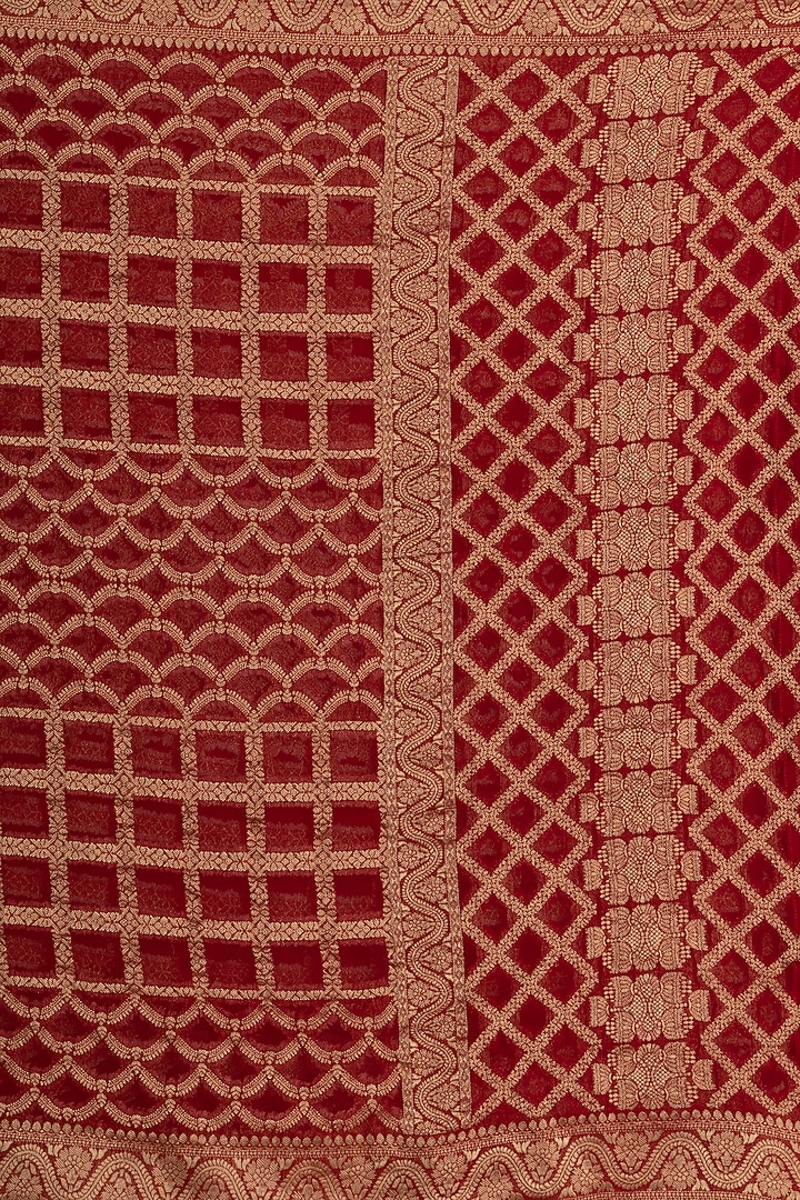 Deep Red Khadi Georgette Banarasi Festive Saree Set by Albis Jaipur at Pernia's Pop Up Shop