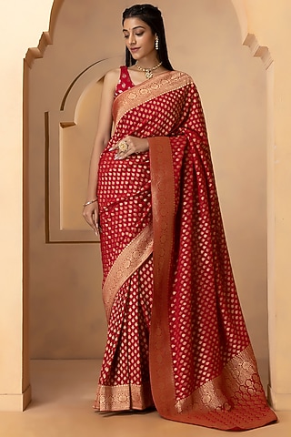 Deep Red Khadi Georgette Banarasi Saree Set by Albis Jaipur