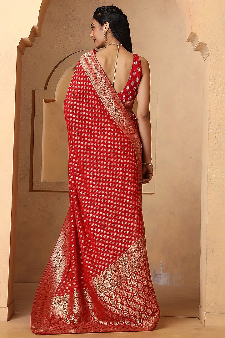 Deep Red Khadi Georgette Banarasi Festive Saree Set by Albis Jaipur at Pernia's Pop Up Shop