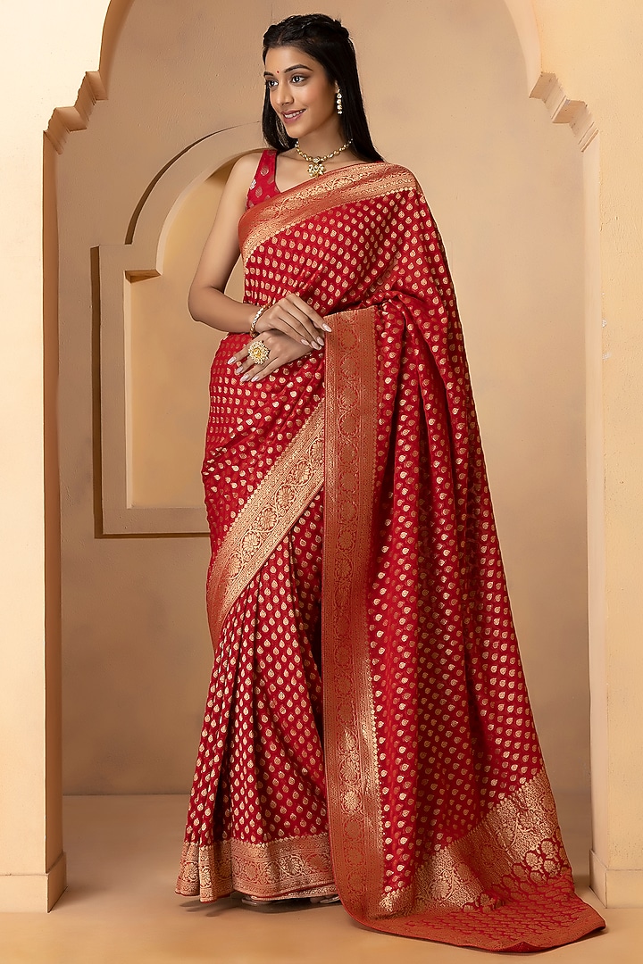 Deep Red Khadi Georgette Banarasi Festive Saree Set by Albis Jaipur at Pernia's Pop Up Shop