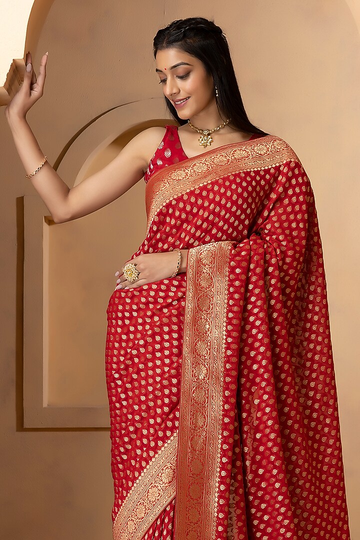 Deep Red Khadi Georgette Banarasi Festive Saree Set by Albis Jaipur at Pernia's Pop Up Shop