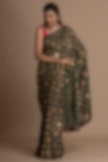 Dark Green Pure Khadi Georgette Banarasi Festive Saree Set by Albis Jaipur at Pernia's Pop Up Shop