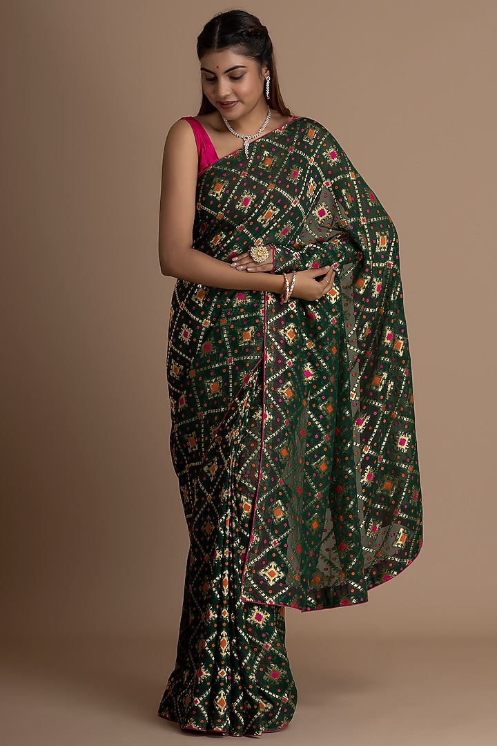 Dark Green Pure Khadi Georgette Banarasi Festive Saree Set by Albis Jaipur at Pernia's Pop Up Shop