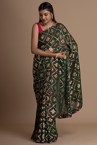 Dark Green Pure Khadi Georgette Banarasi Saree Set by Albis Jaipur