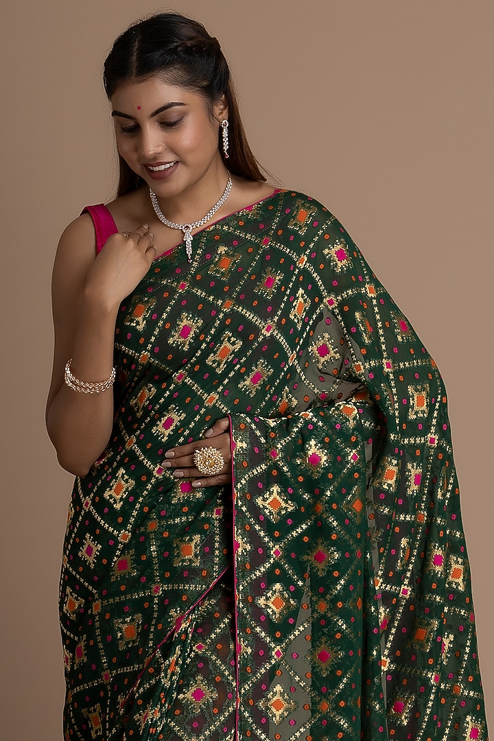Dark Green Pure Khadi Georgette Banarasi Festive Saree Set by Albis Jaipur at Pernia's Pop Up Shop
