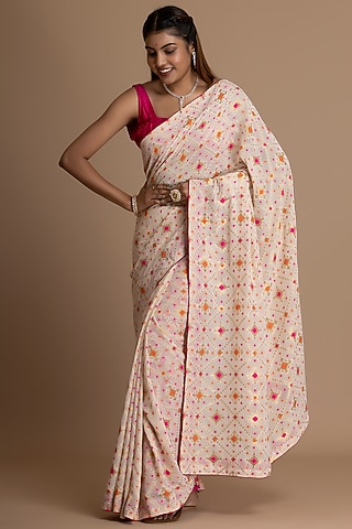 Off-White Pure Khadi Georgette Banarasi Saree Set by Albis Jaipur