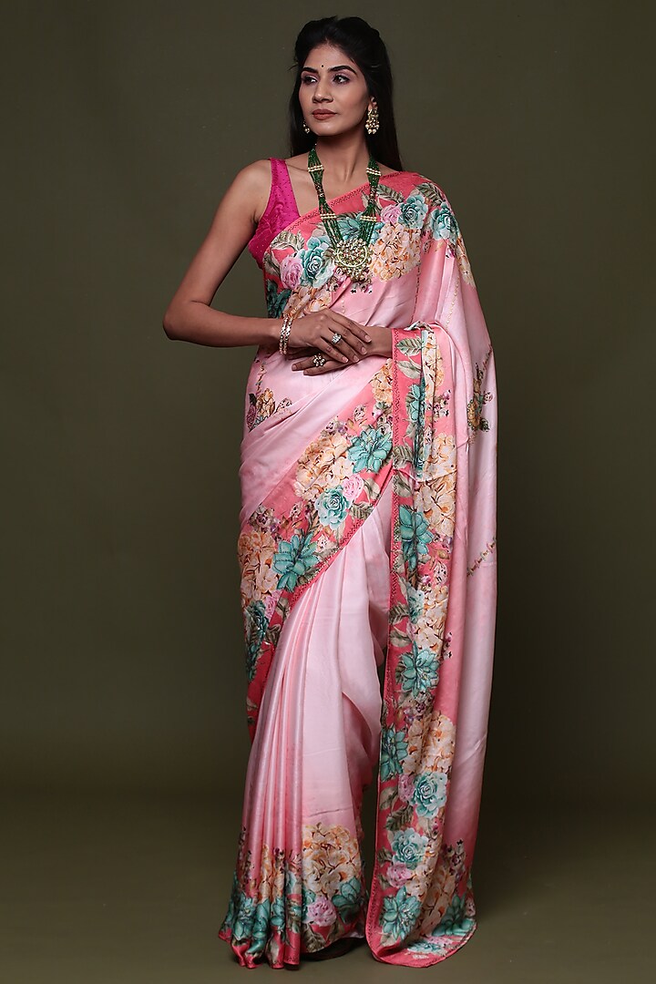 Pink Satin Digital Printed Shaded Saree Set by Albis Jaipur