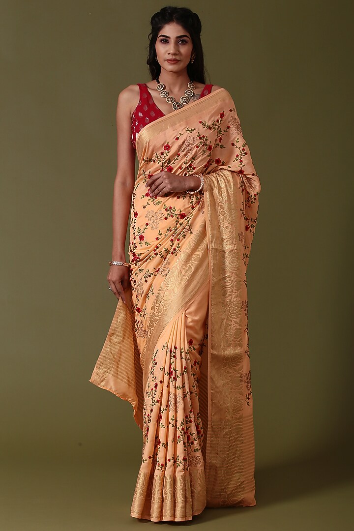 Peach Pure Munga Silk Banarasi Party Wear Saree Set by Albis Jaipur at Pernia's Pop Up Shop