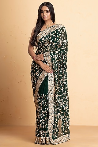 Dark Green Pure Georgette Lucknowi Embroidered Saree Set by Albis Jaipur