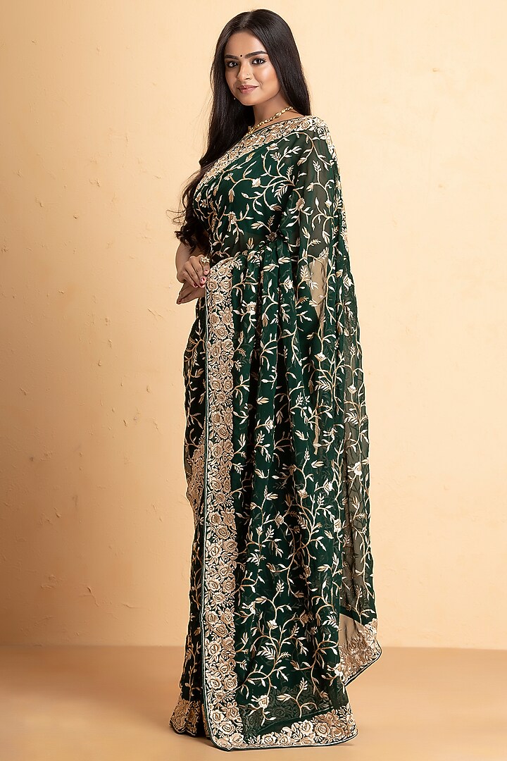 Dark Green Pure Georgette Lucknowi Embroidered Party Wear Saree Set by Albis Jaipur at Pernia's Pop Up Shop
