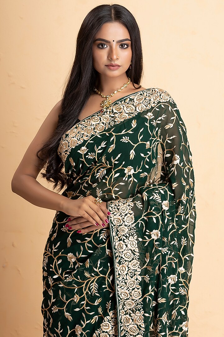 Dark Green Pure Georgette Lucknowi Embroidered Party Wear Saree Set by Albis Jaipur at Pernia's Pop Up Shop