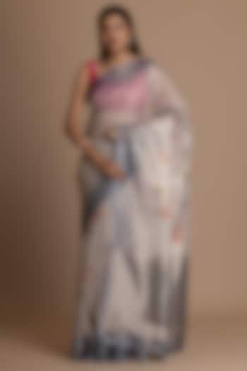 Grey Tissue Organza Silk Digital Floral Printed Festive Saree Set by Albis Jaipur at Pernia's Pop Up Shop