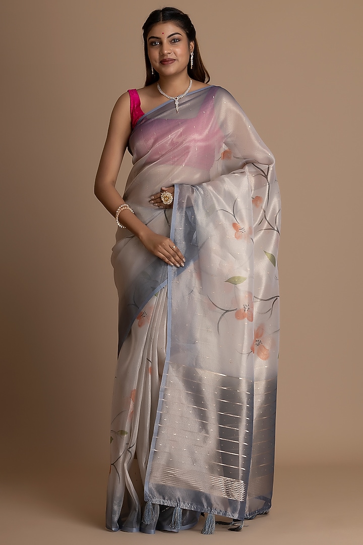 Grey Tissue Organza Silk Digital Floral Printed Festive Saree Set by Albis Jaipur at Pernia's Pop Up Shop