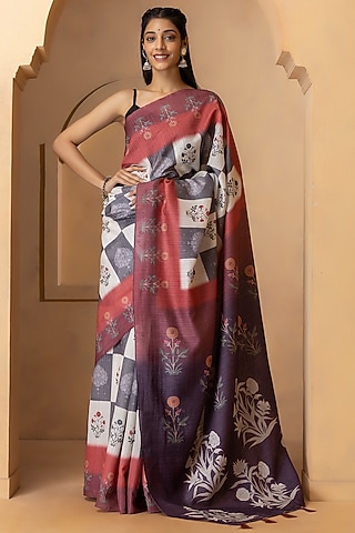 Grey & Maroon Linen Silk Digital Printed Saree Set by Albis Jaipur