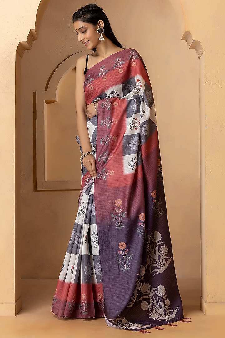 Grey & Maroon Linen Silk Digital Printed Festive Saree Set by Albis Jaipur at Pernia's Pop Up Shop